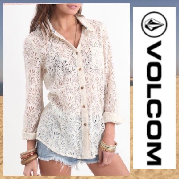 Volcom Tops - Volcom Cotton Blend Lace Button-Up Long Sleeve Top